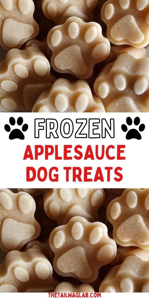 Close-up of frozen applesauce dog treats shaped like paw prints with text that reads "Frozen Applesauce Dog Treats." An easy homemade frozen dog treat recipe made with simple ingredients.