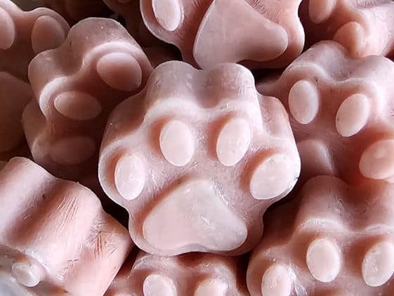 Close up of paw shaped cucumber watermelon mint frozen dog treats.