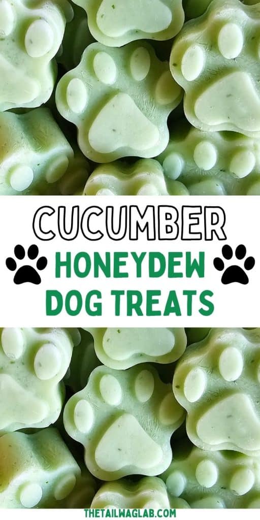 Close-up of green paw-shaped cucumber honeydew frozen dog treats with text reading “Cucumber Honeydew Dog Treats.”