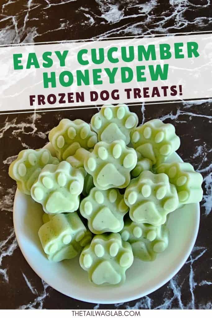 White bowl filled with green paw-shaped frozen dog treats on a dark countertop with text reading “Easy Cucumber Honeydew Frozen Dog Treats.”