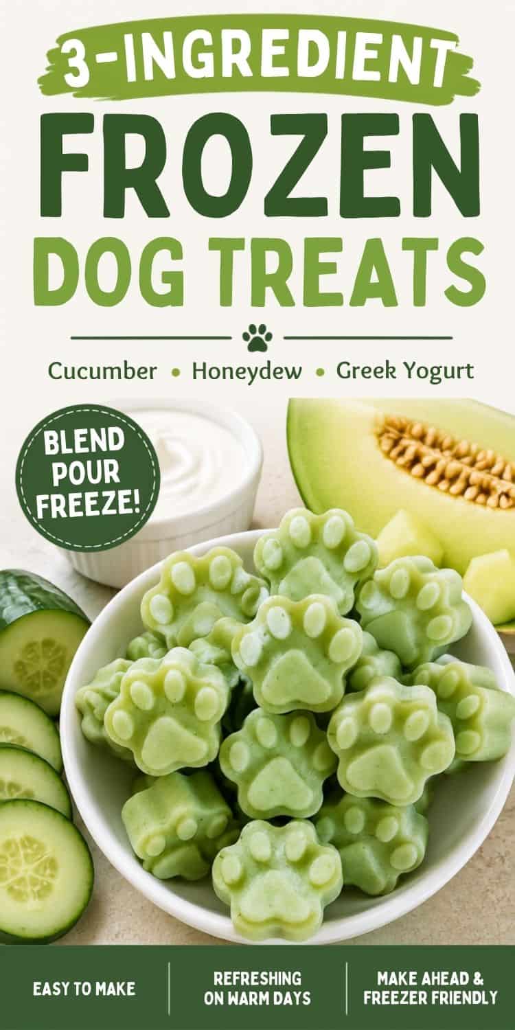 Bowl of green paw-shaped frozen dog treats surrounded by cucumber, honeydew, and Greek yogurt with text reading “3-Ingredient Frozen Dog Treats.”