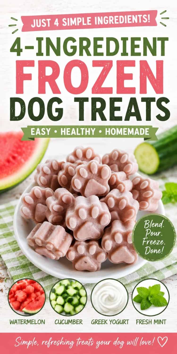 Pinterest pin featuring pink paw-shaped frozen dog treats with watermelon, cucumber, Greek yogurt, and fresh mint, with text reading “4-Ingredient Frozen Dog Treats.”