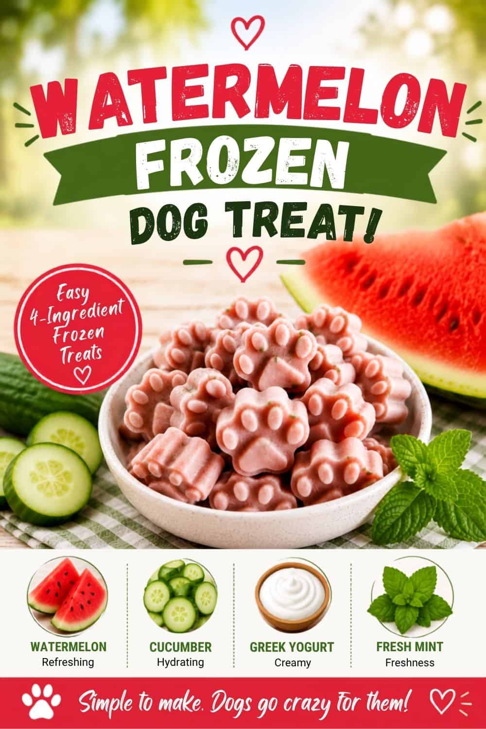 Summer-themed Pinterest pin with a bowl of pink paw-shaped frozen dog treats, watermelon, cucumber, Greek yogurt, and mint, with the headline “Watermelon Season = Dog Treat Season!”