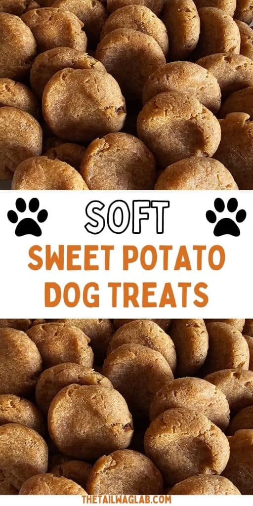 A Pinterest graphic featuring homemade soft sweet potato dog treats with the text "Soft Sweet Potato Dog Treats" over close-up photos of the treats.