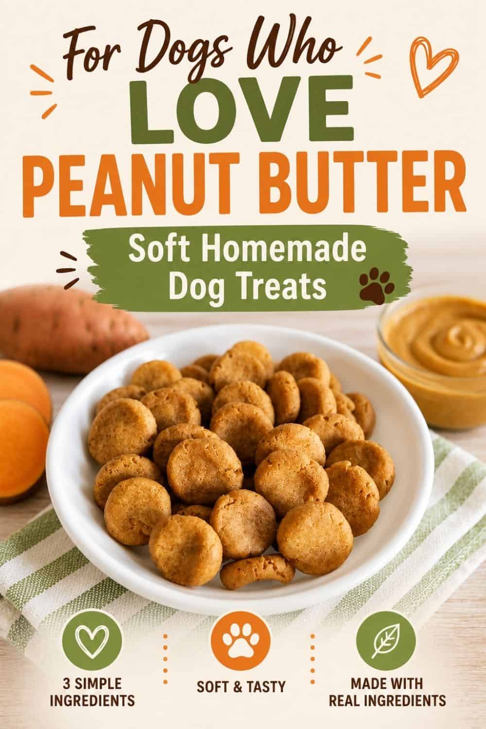 A Pinterest graphic featuring a bowl of homemade peanut butter and sweet potato dog treats with the text "For Dogs Who Love Peanut Butter."