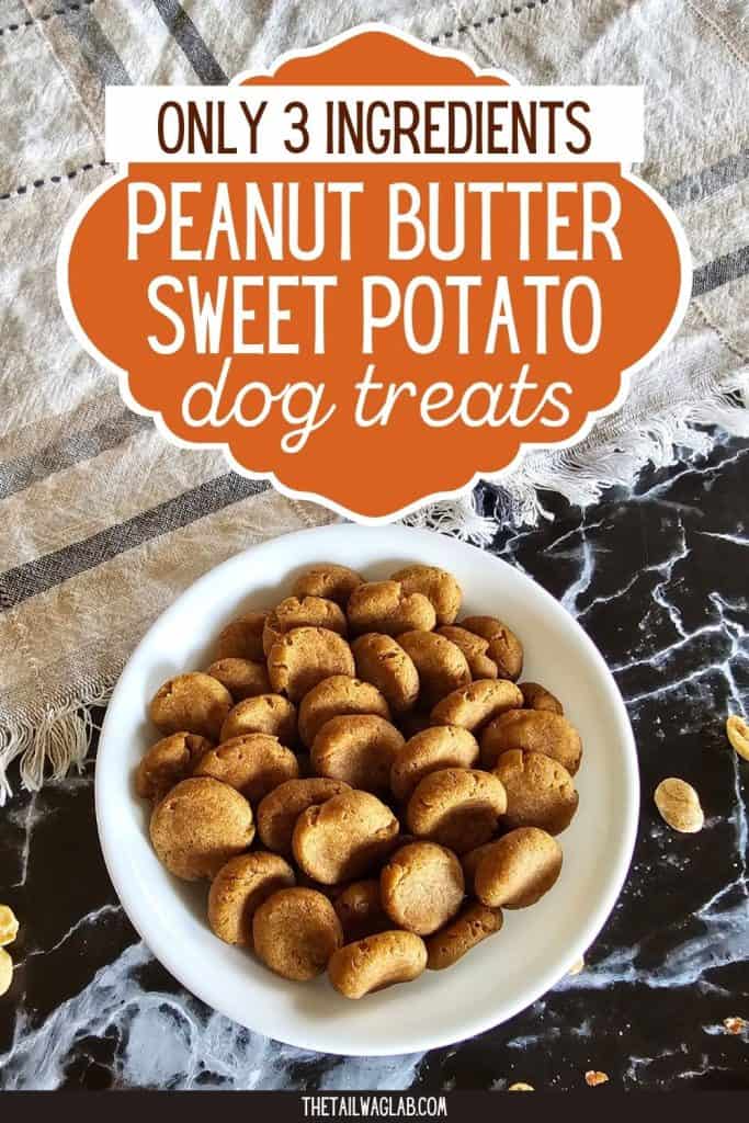 A Pinterest graphic featuring homemade peanut butter sweet potato dog treats with the text "Only 3 Ingredients."