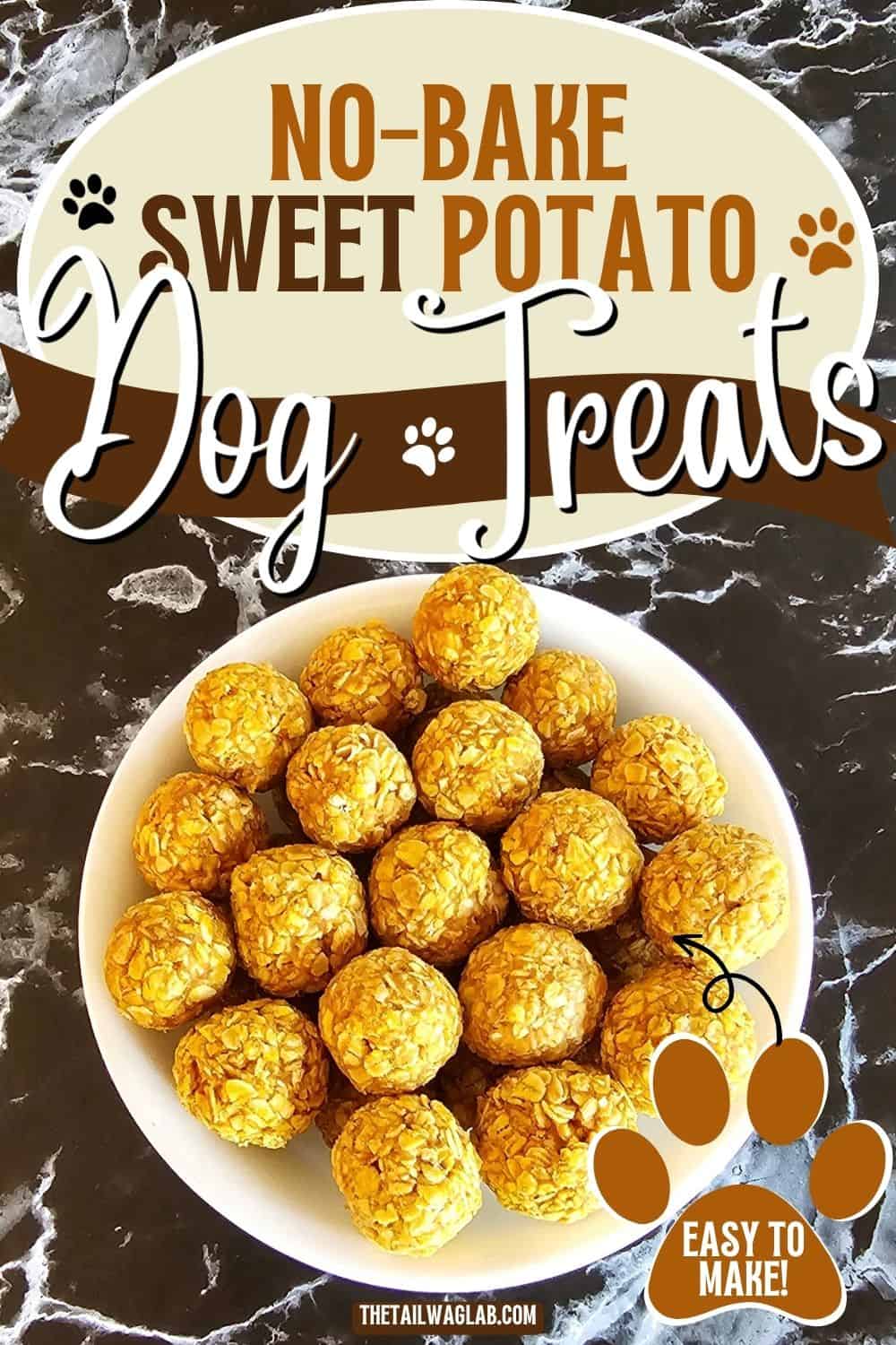 White bowl filled with round homemade sweet potato dog treats on a dark countertop, with text reading “No-Bake Sweet Potato Dog Treats” and “Easy to Make.”