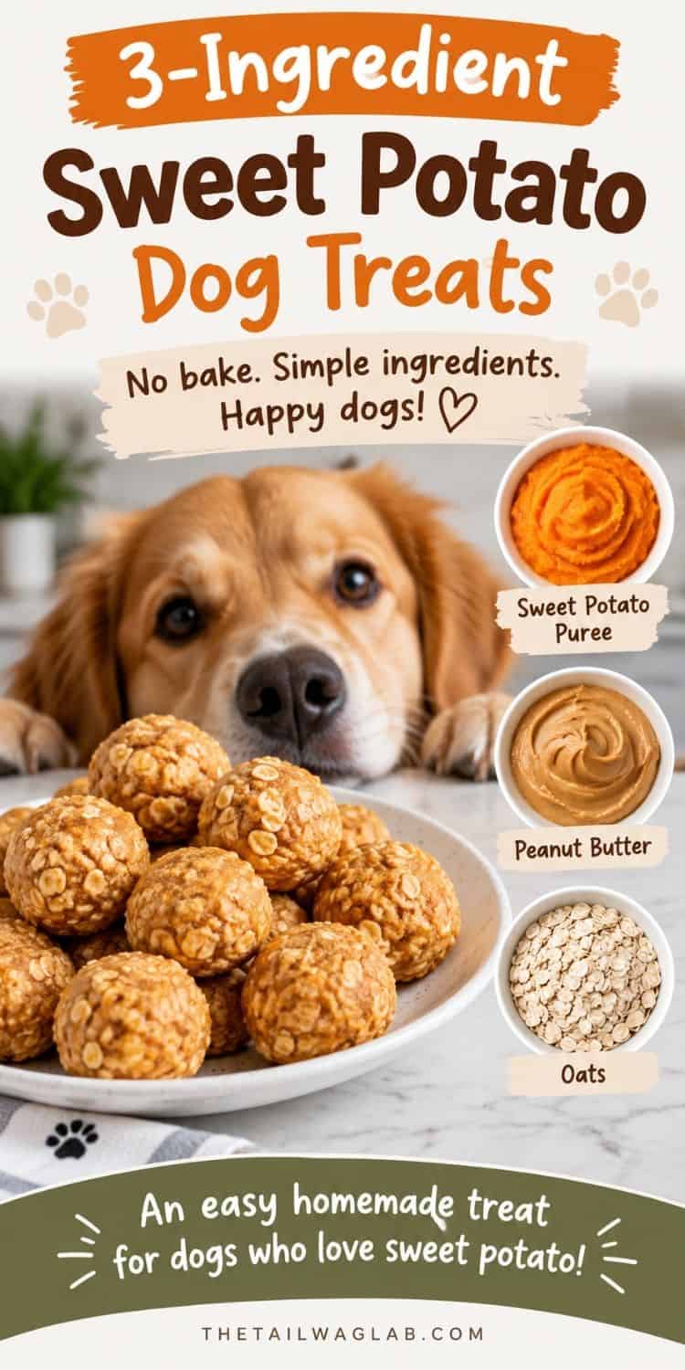 Pinterest graphic featuring sweet potato dog treats, a dog in the background, and bowls of sweet potato puree, peanut butter, and oats with text reading “3-Ingredient Sweet Potato Dog Treats.”
