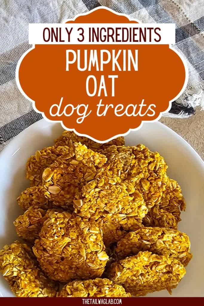 Bowl filled with homemade pumpkin oat dog treats beneath an orange graphic reading “Only 3 Ingredients Pumpkin Oat Dog Treats.”