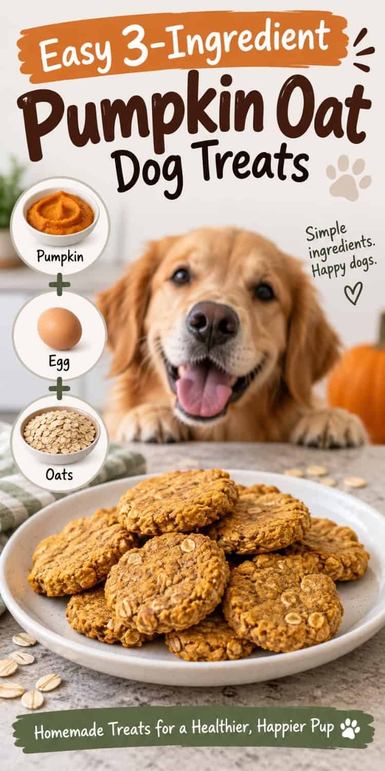 Pumpkin oat dog treats on a plate with a golden retriever in the background and pictures of the three ingredients: pumpkin puree, egg, and oats.